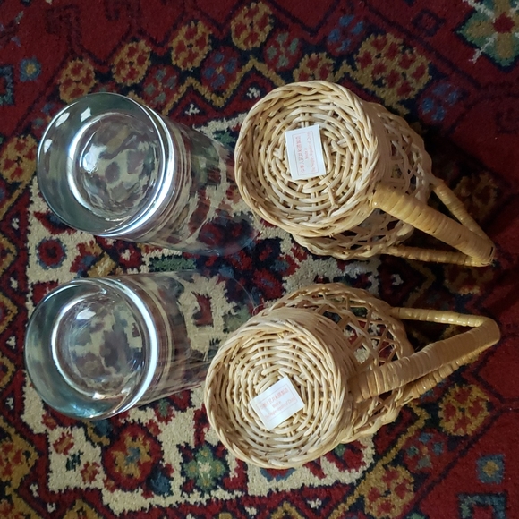 ❤ VINTAGE | Boho Wicker Handled Drinking Glass Holders & Glasses - Set of 2 - Picture 6 of 11
